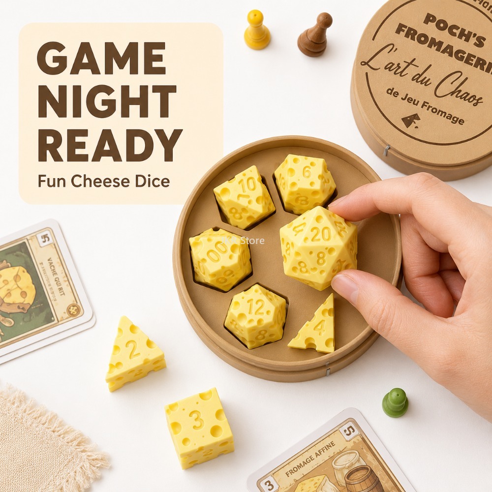 Party Games Classic - ชุดลูกเต๋าชีสทรงแปลกตา D4 D20 กล่องใส่ลูกเต๋าพกพา ของตกแต่งสำหรับเกมกระดาน งานสังสรรค์ในครอบครัว