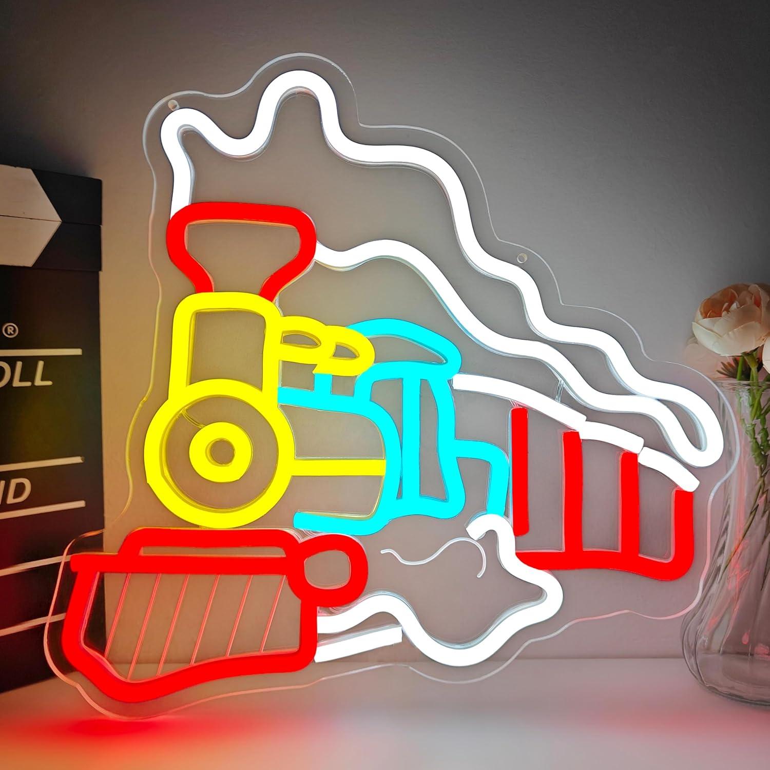 Party Games In Steam - ป้ายไฟนีออนรูปทรงรถไฟไอน้ำ ไฟ LED ปรับความสว่างได้ผ่าน USB สำหรับตกแต่งห้องนอนเด็กผู้ชาย